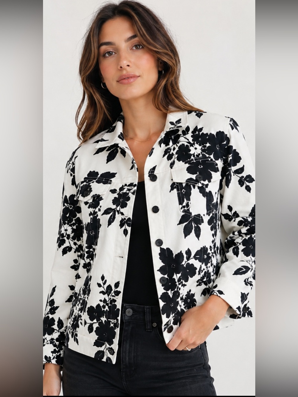 Norm Thompson Women XL Black White Floral Denim Jacket Button Front Cotton Blend